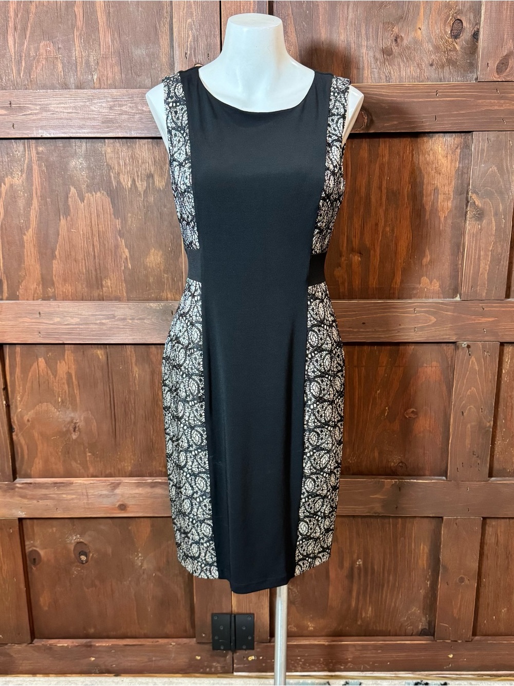 Cynthia Rowley Black Sheath Dress with Cream Lace-Pattern Panels